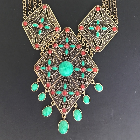 Amrita Singh Simulated turquoise and dark coral colour large statement necklace - Picture 6 of 6